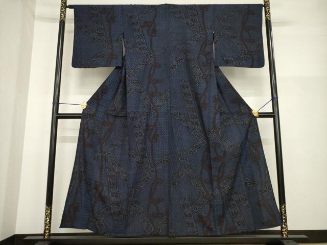 平和屋着物▽結城ちぢみ　単衣　短冊唐草文　逸品　AABG7244ck