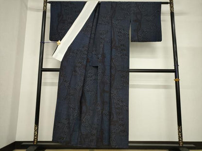 平和屋着物▽結城ちぢみ　単衣　短冊唐草文　逸品　AABG7244ck
