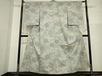 平和屋着物▽上質な紬　単衣　花尽くし　正絹　逸品　AABG7245ck