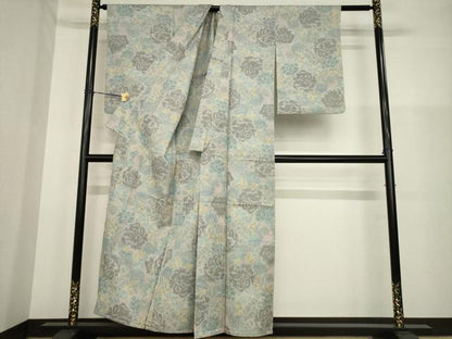 平和屋着物▽上質な紬　単衣　花尽くし　正絹　逸品　AABG7245ck
