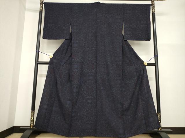 平和屋着物▽結城紬　単衣　80亀甲　飾花文　正絹　逸品　AABG7247ck