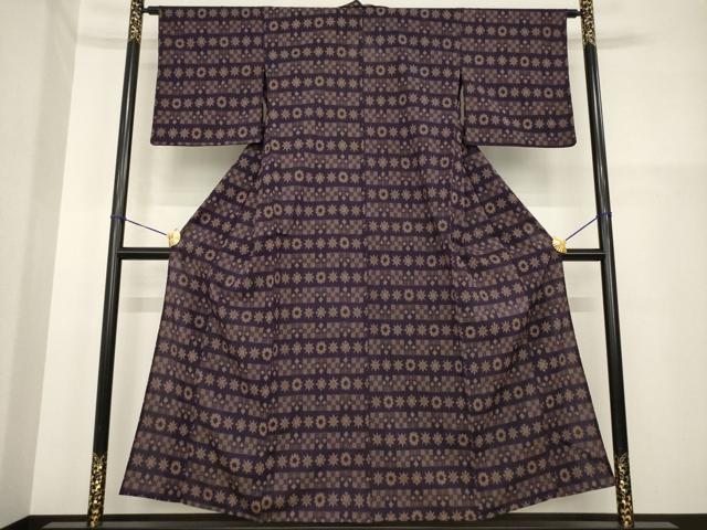平和屋着物▽本塩沢 単衣 横段花文 正絹 逸品 AABG7250ck