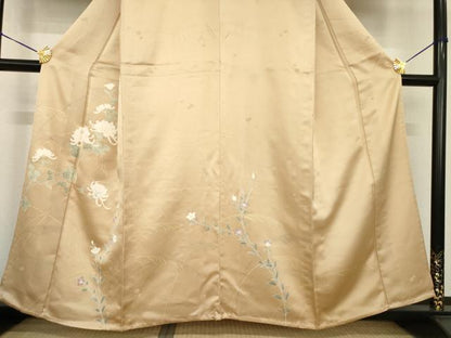 平和屋着物▽訪問着　単衣　友禅　刺繍　菊　正絹　逸品　AABG7252ck