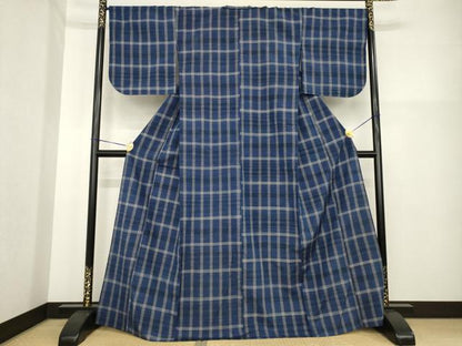 平和屋着物▽上質な紬　単衣　格子　正絹　逸品　AABG7261ck