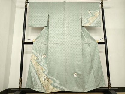 平和屋着物▽訪問着 単衣 絞り 刺繍 流水花文 正絹 逸品 AABG7264ck