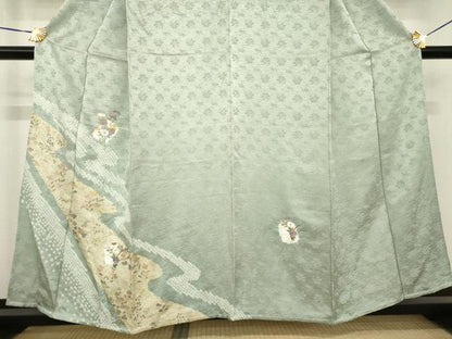 平和屋着物▽訪問着 単衣 絞り 刺繍 流水花文 正絹 逸品 AABG7264ck