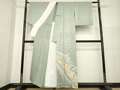 平和屋着物▽訪問着 単衣 絞り 刺繍 流水花文 正絹 逸品 AABG7264ck