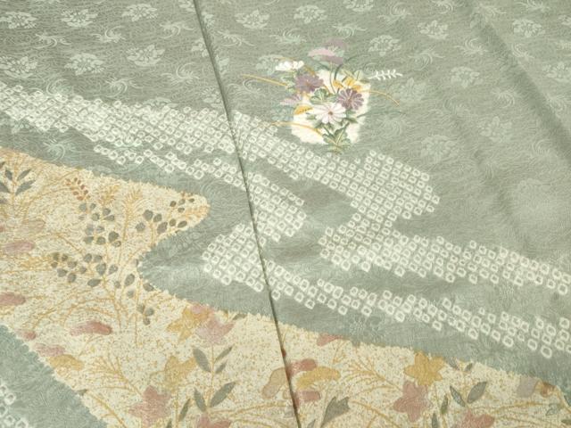 平和屋着物▽訪問着 単衣 絞り 刺繍 流水花文 正絹 逸品 AABG7264ck