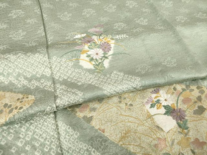 平和屋着物▽訪問着 単衣 絞り 刺繍 流水花文 正絹 逸品 AABG7264ck