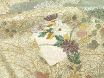 平和屋着物▽訪問着 単衣 絞り 刺繍 流水花文 正絹 逸品 AABG7264ck