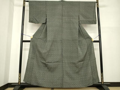 平和屋着物▽本塩沢　単衣　幾何学文様　黒地　正絹　逸品　AABG7266ck
