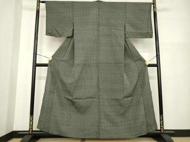 平和屋着物▽本塩沢　単衣　幾何学文様　黒地　正絹　逸品　AABG7266ck