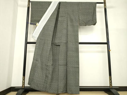 平和屋着物▽本塩沢　単衣　幾何学文様　黒地　正絹　逸品　AABG7266ck