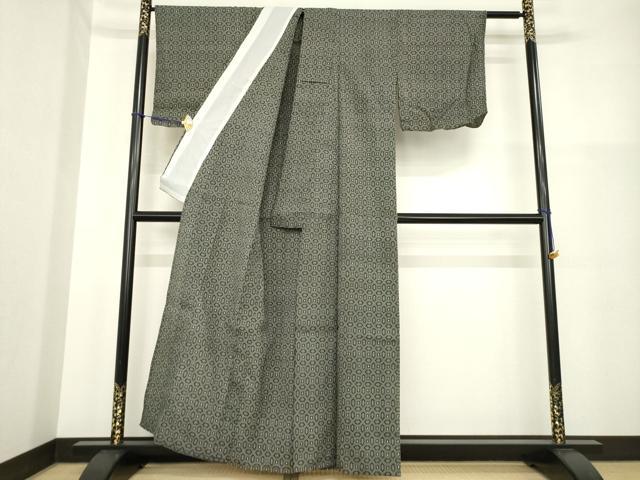 平和屋着物▽本塩沢　単衣　幾何学文様　黒地　正絹　逸品　AABG7266ck