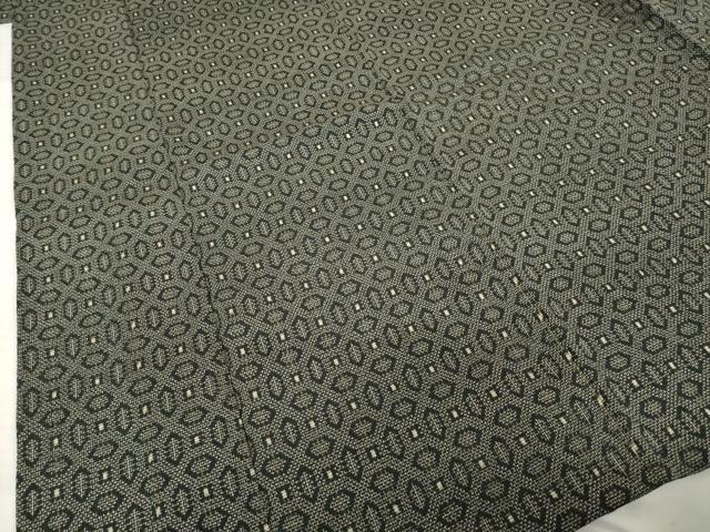 平和屋着物▽本塩沢　単衣　幾何学文様　黒地　正絹　逸品　AABG7266ck