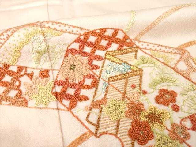 平和屋着物▽訪問着　単衣　中国三大刺繍　相良刺繍　花文箱文　正絹　逸品　AABG7267ck