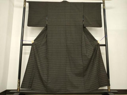 平和屋着物▽上質な紬　単衣　横段文　正絹　逸品　AABG7269ck