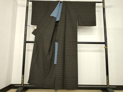 平和屋着物▽上質な紬　単衣　横段文　正絹　逸品　AABG7269ck