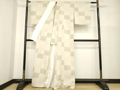 平和屋着物▽本塩沢 単衣 110亀甲 市松文 正絹 逸品 AABG7274ck