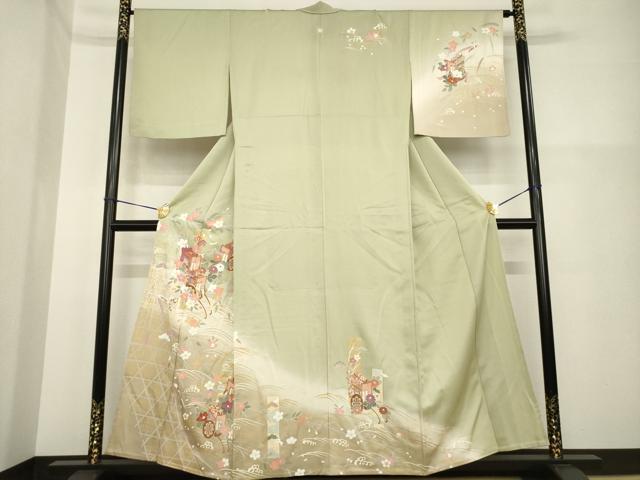 平和屋着物▽訪問着 単衣 駒刺繍 立波御所車花文 暈し染め 金彩 正絹 逸品 AABG7275ck