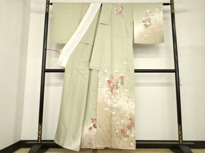 平和屋着物▽訪問着 単衣 駒刺繍 立波御所車花文 暈し染め 金彩 正絹 逸品 AABG7275ck