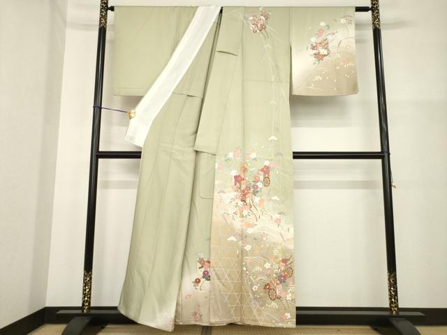 平和屋着物▽訪問着 単衣 駒刺繍 立波御所車花文 暈し染め 金彩 正絹 逸品 AABG7275ck