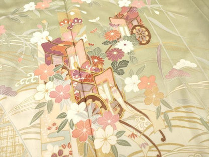 平和屋着物▽訪問着 単衣 駒刺繍 立波御所車花文 暈し染め 金彩 正絹 逸品 AABG7275ck