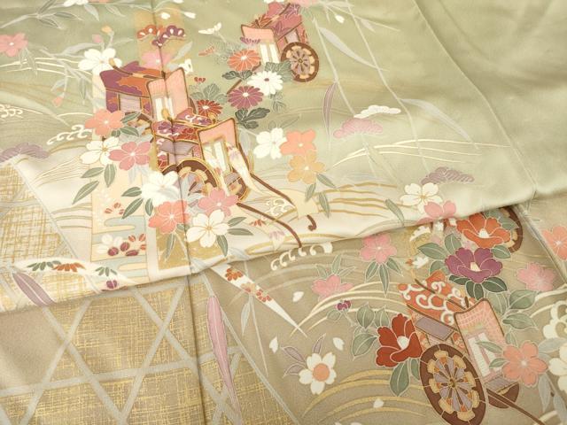 平和屋着物▽訪問着 単衣 駒刺繍 立波御所車花文 暈し染め 金彩 正絹 逸品 AABG7275ck