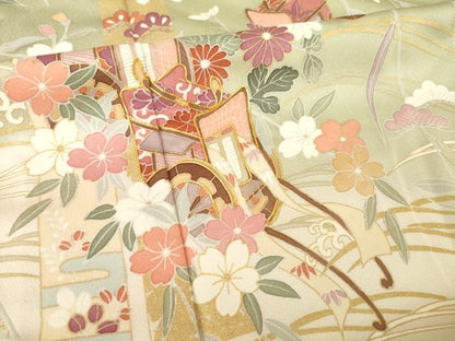 平和屋着物▽訪問着 単衣 駒刺繍 立波御所車花文 暈し染め 金彩 正絹 逸品 AABG7275ck