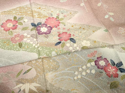 平和屋着物▽訪問着 単衣 辻が花 松皮菱流水花文 暈し染め 正絹 逸品 AABG7276ck