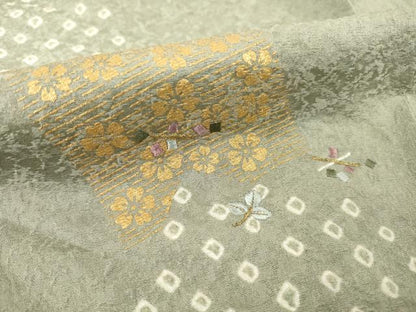 平和屋着物▽訪問着 単衣 絞り 刺繍 色紙花文 金彩 正絹 逸品 AABG7280ck