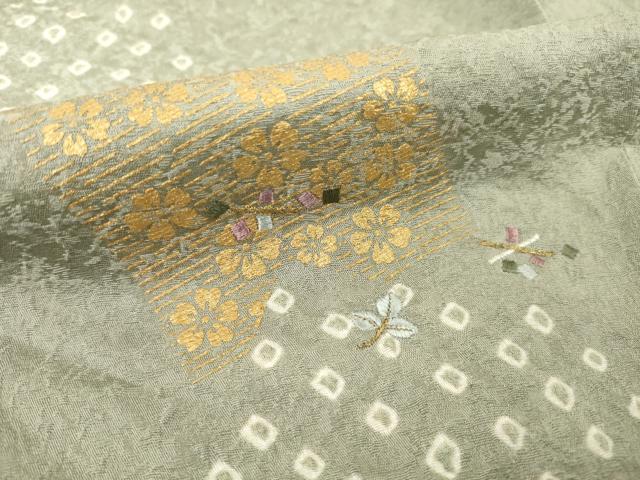 平和屋着物▽訪問着 単衣 絞り 刺繍 色紙花文 金彩 正絹 逸品 AABG7280ck