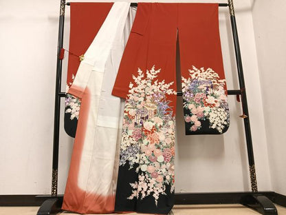 平和屋着物●豪華振袖　貝桶花文　暈し染め　金彩　正絹　逸品　AABG7287ph
