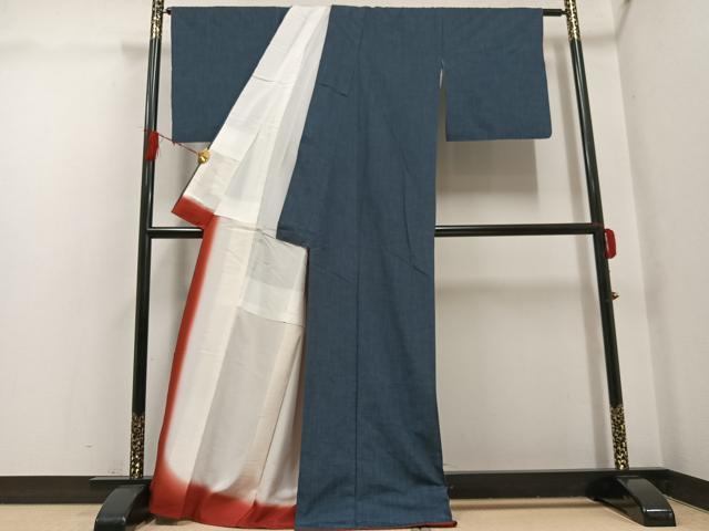 平和屋着物●上質な紬　色無地　鉄御納戸色　正絹　逸品　AABG7295ph