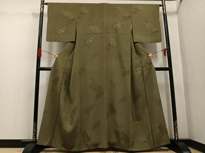 平和屋着物●上質な色無地　花唐草地紋　肥後煤竹色　正絹　逸品　AABG7297ph