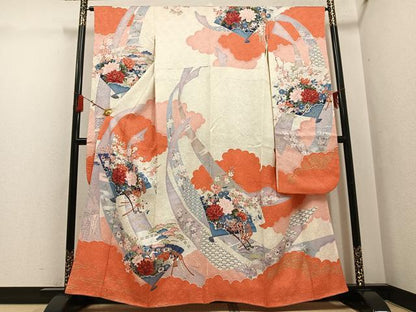 平和屋着物●豪華振袖　檜扇草花文　金彩　正絹　逸品　AABG7314ph