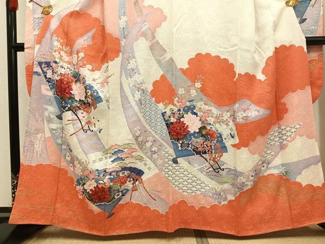 平和屋着物●豪華振袖　檜扇草花文　金彩　正絹　逸品　AABG7314ph