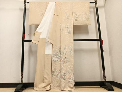 平和屋着物●訪問着　友禅　駒刺繍　草花文　さが美扱い　正絹　逸品　AABG7315ph