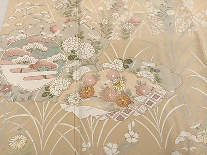 平和屋着物●訪問着　友禅　駒刺繍　草花文　さが美扱い　正絹　逸品　AABG7315ph