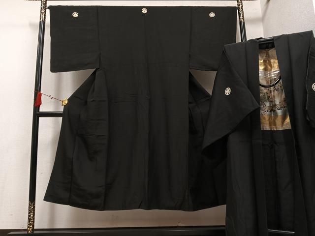 平和屋着物●男性　黒紋付・羽織セット　正絹　逸品　AABG7317ph