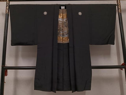 平和屋着物●男性　黒紋付・羽織セット　正絹　逸品　AABG7317ph