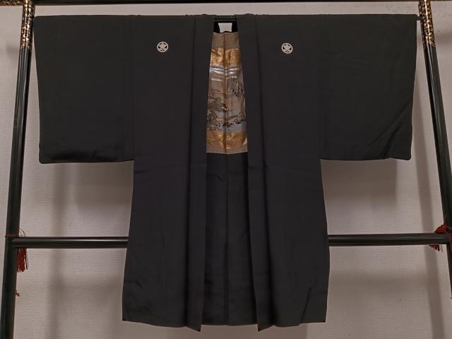 平和屋着物●男性　黒紋付・羽織セット　正絹　逸品　AABG7317ph