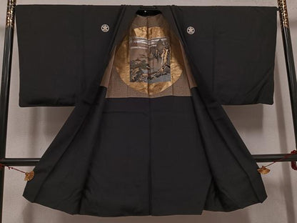 平和屋着物●男性　黒紋付・羽織セット　正絹　逸品　AABG7317ph