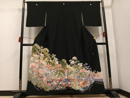 平和屋着物●本加賀友禅作家　村下信吉　黒留袖　鴛鴦草花文　正絹　逸品　AABG7330ph