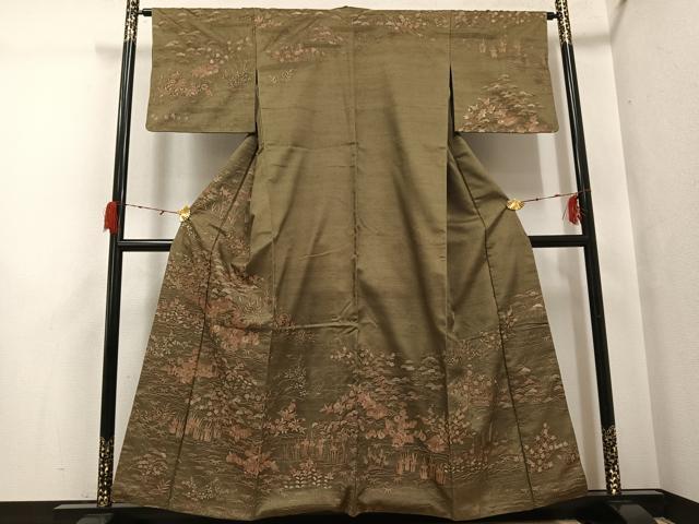 平和屋着物●訪問着　紬地　中国三大刺繍　汕頭刺繍　スワトウ刺繍　松竹梅風景文　正絹　逸品　AABG7344ph