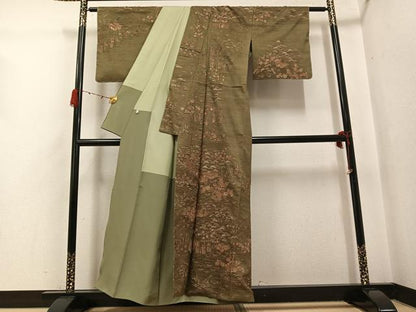 平和屋着物●訪問着　紬地　中国三大刺繍　汕頭刺繍　スワトウ刺繍　松竹梅風景文　正絹　逸品　AABG7344ph