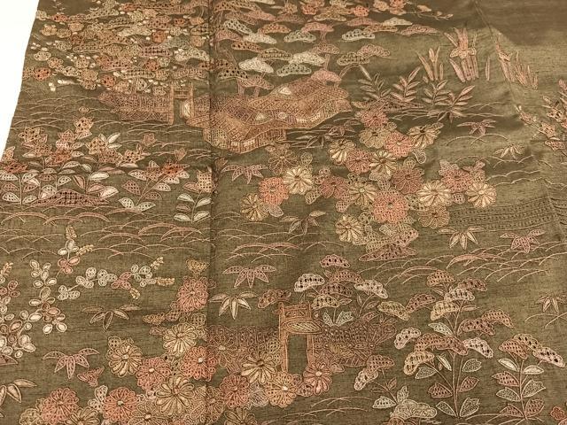 平和屋着物●訪問着　紬地　中国三大刺繍　汕頭刺繍　スワトウ刺繍　松竹梅風景文　正絹　逸品　AABG7344ph