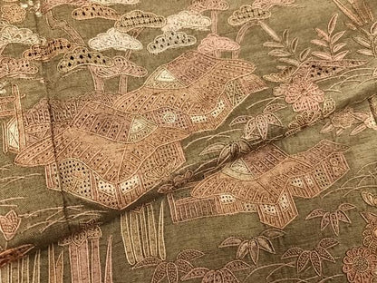 平和屋着物●訪問着　紬地　中国三大刺繍　汕頭刺繍　スワトウ刺繍　松竹梅風景文　正絹　逸品　AABG7344ph