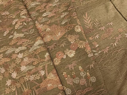 平和屋着物●訪問着　紬地　中国三大刺繍　汕頭刺繍　スワトウ刺繍　松竹梅風景文　正絹　逸品　AABG7344ph
