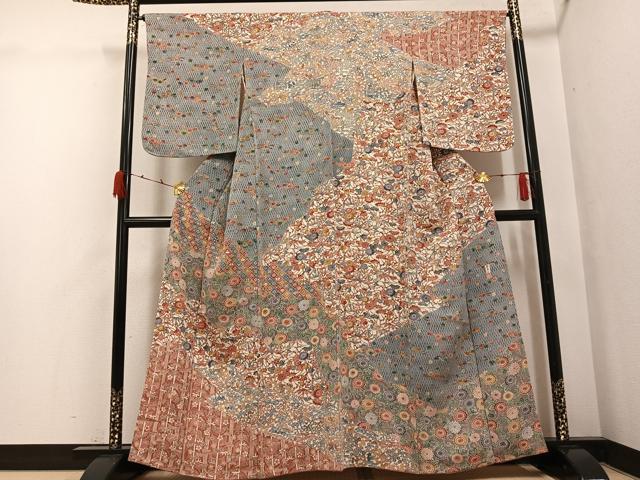 平和屋着物●訪問着　紅型　作家物　西岡都巳二　型染め　鬼しぼ縮緬　正絹　逸品　AABG7349ph